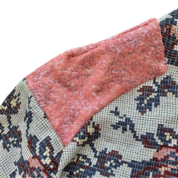 ASOS Floral Grid Sequined Panel Zip Jacket Light Gray Blue Pink Size US 4 UK 8 - Picture 4 of 6